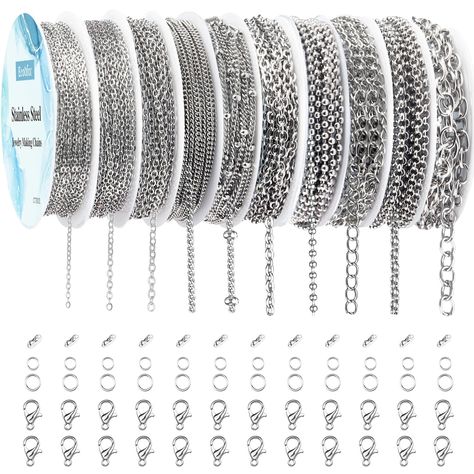 PRICES MAY VARY. Package Includes 78.7 feet 10 rolls 304 stainless steel necklace chains, with 100pcs 5mm stainless steel jump rings, 100pcs 6mm stainless steel jump rings, 30pcs stainless steel lobster clasps for decorative chain jewelry making 10 Different Types suitable for DIY gift projects like necklace chains, tassel chain pendants, earrings chains, bracelets chains, body chain jewelry, extension chain Stainless steel material, strong and durable, corrosion resistant, no fading, no discolo Chain Necklace Diy, Jewelry Chains, Stainless Bracelet, Diy Pendant Necklace, Body Chain Jewelry, Diy Pendant, Accessories Bracelets, Stainless Steel Necklace, Steel Jewelry