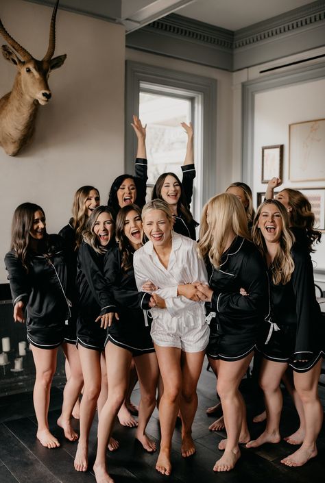 Chic Bridesmaids Getting Ready, Bridal Party Night Before Wedding, Black And White Getting Ready Outfit, Bridemaid Photos Getting Ready, Bridesmaid Getting Ready Outfit Black, Bridesmaid Preparation Outfit Ideas, Wedding Bridesmaids Getting Ready, Getting Wedding Ready, Getting Ready Bridesmaids Photos