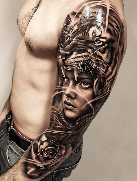 One more long sleeve tattoo on which we can see a girl, tiger and rose. It surely means something to a gay who wears it. Men more often choose long sleeve tattoos. Mary Sculpture, Tiger Tattoo Sleeve, Rose Tattoo On Arm, Tiger Girl, G Tattoo, Native Tattoos, Indian Tattoo, Cool Tattoos For Guys, Siberian Tiger