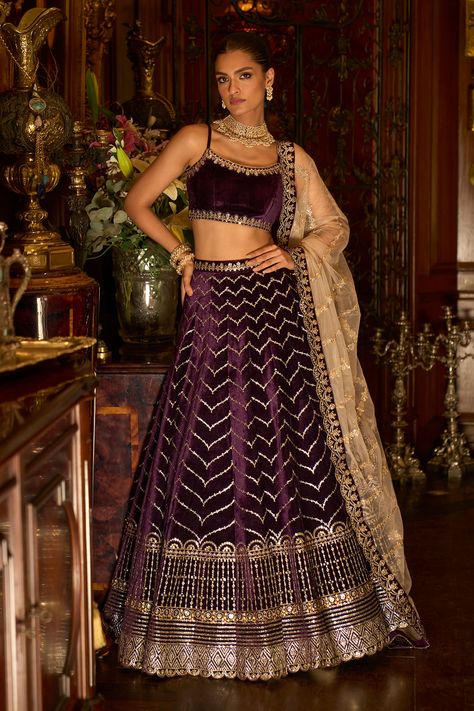 Purple velvet lehenga with zari, stone, sequin and thread embrioidery. Paired with an embroidered velvet blouse and net dupatta. - Aza Fashions Indian Engagement Outfit, White Engagement Dresses, Velvet Blouse Design, Purple Lehenga, Brocade Lehenga, Chic Prom Dresses, Velvet Lehenga, Simple Lehenga, Lehenga Blouse Designs