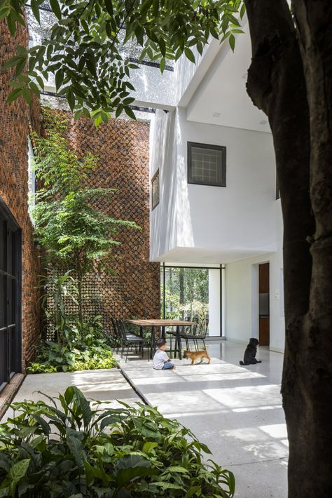 Photo 8 of 23 in A Biophilic Home in Vietnam Impresses With a Hollow-Brick “Breathing Wall” - Dwell Wooden Sliding Doors, Square Windows, Two Storey House, Patio Interior, Small Outdoor Spaces, Glass Roof, Courtyard House, House Architecture, City House