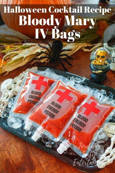 Halloween Cocktail Recipe Bloody Mary IV Bags | Jordan's Easy Entertaining Halloween Iv Bag Drinks Recipes, Blood Bag Drink Recipe Alcoholic, Iv Bag Drinks, Blood Bag Drink Recipe, Halloween Blood Bag Drinks, Halloween Beverages, Fun Halloween Drinks, Non Alcoholic Sangria, Best Halloween Party