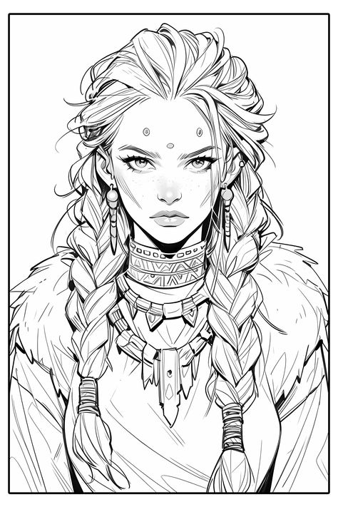 Female Viking Drawing, Ice Queen Drawing, Scottish Drawings, Warrior Woman Sketch, Valkyrie Drawing, Ipad Drawing Ideas Sketch, Dnd Sketch, Ipad Drawing Ideas, Portrait Coloring Pages