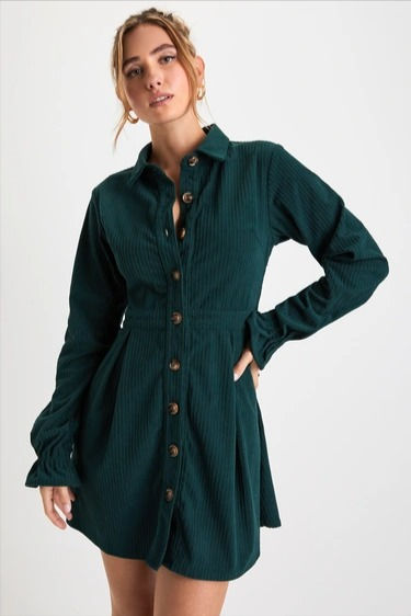 shop now! Emerald Green Outfit, Skater Mini Dress, Floral Prom Dresses, Emerald Green Dresses, Green Corduroy, Winter Dress Outfits, Lulu Fashion, Green Mini Dress, Fall Dress