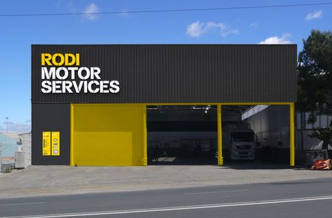 Rodi Motor Services visual identity design by espluga+associates, Barcelona. Signage Interior, Car Showroom Design, Factory Architecture, Shop Facade, Warehouse Design, Car Workshop, Showroom Interior Design, Industrial Architecture, 카페 인테리어 디자인