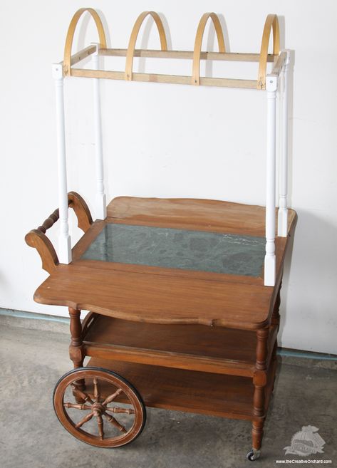 the Creative Orchard: CREATE: Tea Cart Makeover Tea Cart Makeover, Antique Tea Cart, Baby Store Display, Vintage Tea Cart, Party Rental Ideas, Vendor Cart, Diy Tea, Sweet Carts, Tea Trolley