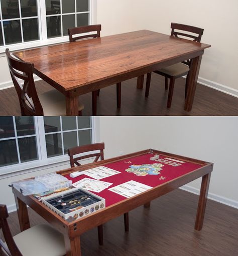 DIY Game Tables • Tutorials and ideas, including this gaming table project by 'The Fackrell Family'! Game Dining Table, Games Puzzle, Board Game Room, Gaming Tables, Board Games Diy, Puzzle Table, Board Game Table, Game Tables, Gaming Table