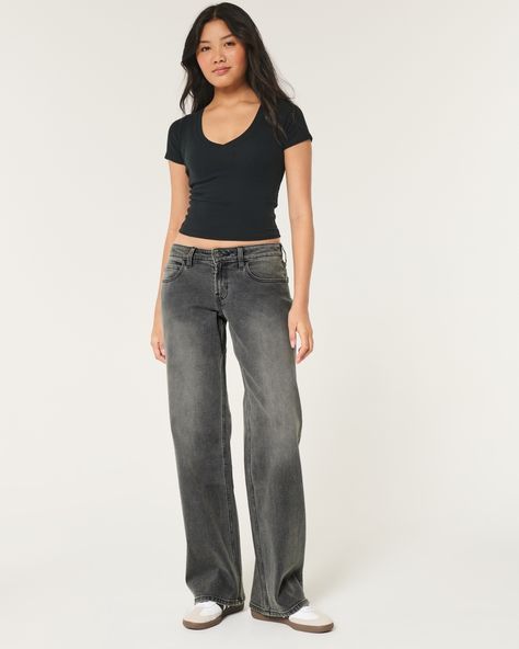 Women's Low-Rise Washed Black Baggy Jeans | Women's Bottoms | HollisterCo.com Black Baggy Jeans, Embroidered Bow, Low Fade, Faded Jeans, Comfortable Jeans, Women's Bottoms, Designer Jeans, Bow Detail, School Outfit