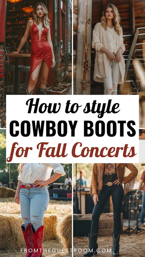 women wears fall concert outfits with cowboy boots Concert Outfit With Cowboy Boots, Western Vibes Outfit, Mid Size Country Concert Outfits, Outdoor Concert Outfit Fall, White Cowboy Boots Outfit Concert, Cowboy Boots Concert Outfit, Fall Outfits With Cowgirl Boots, Boots Outfit Concert, Cowboy Boots Concert