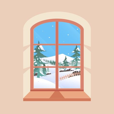 Free vector flat winter window illustrat... | Free Vector #Freepik #freevector #snow-window #winter-window #winter-illustration #winter-season Winter Season Illustration, Winter Library, Graphics Aesthetic, Snow Window, Winter Graphics, Snowy Window, Graphics Background, Window Illustration, Background Winter