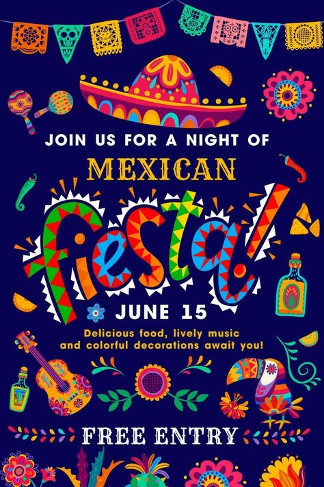 Mexican fiesta party flyer, sombrero and tequila Fiesta Poster Ideas, Universe Poster, Spanish Party, Mexican Sombrero, Mexican Fiesta Party, Flyer Free, Mexican Theme, Mexican Party, Event Flyers