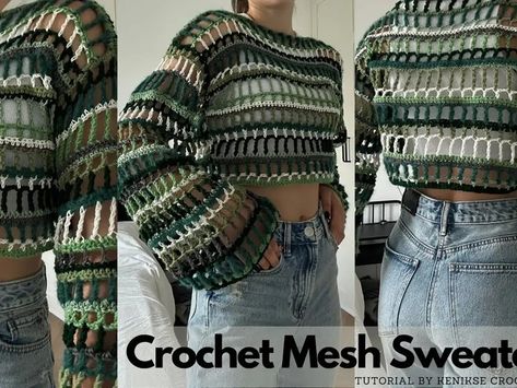 Crochet Mesh Sweater, Crochet Shorts Pattern, Sweater Tutorial, Crochet Long Sleeve Tops, Ladies Blouses, Flowy Skirts, Crochet Shrug Pattern, Crochet Idea, Crop Pullover