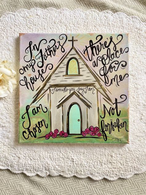 original church painting wall art featuring Hillsong Worship lyrics  12" x 12" wrapped canvas Primary Colors: purples, blues, greens, and golds This abstract church painting depicts the beautiful lyrics from Hillsong Worship. These lyrics are a  reminder that you were hand chosen by Our Creator! You are not a mistake nor are you a compilation of your mistakes. You've been restored and you are everything Good that He says you are. "In my Father's house there's a place for me" "I am chosen" "Not forsaken" "I am who you say I am" When purchasing your one of a kind FaithInTimeDesigns creation the piece posted is the piece you will receive... NEVER A DUPLICATION! I truly believe art isn't meant to be duplicated and no two pieces are meant to be alike. There are simple imperfections because it w Lyric Paintings, I Am Chosen Not Forsaken, Worship Painting, Cathedral Painting, I Am Chosen, Church Artwork, Lyrics Painting, Bible Verse Painting, Church Painting