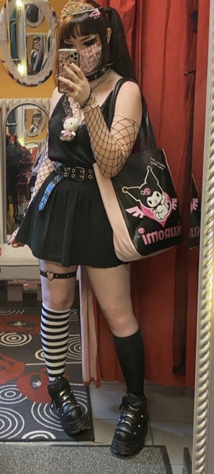 goth alt aesthetic kawaii korean girl alternative hello kitty tennis skirt egirl dollskill depop thrift teenage dream fit kpop indie emo y2k pink white black open rp fishnet lace cami vs Mode Harajuku, Egirl Fashion, Mode Emo, Alt Outfits, Aesthetic Grunge Outfit, Alt Fashion, Grunge Goth, Goth Outfits, Alternative Outfits