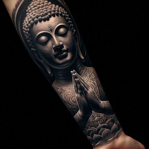 Japanese Buddha Tattoo Design, Buddha Tatoo, Thai Style Tattoo, Tattoo Buddha, 108 Tattoo, Buddha Tattoo Sleeve, Buda Tattoo, Shen Long Tattoo, Knee Tattoos