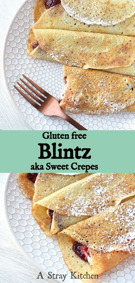 Gluten Free Blintzes aka Sweet Crepes – A Stray Kitchen Crepes Brunch, Gluten Free Crepe, Gluten Free Crepes Recipe, Gluten Free Buttermilk Pancakes, Curd Tarts, Blueberry Jelly, Gluten Free Crepes, Easy Crepe Recipe, Gluten Free Pastry