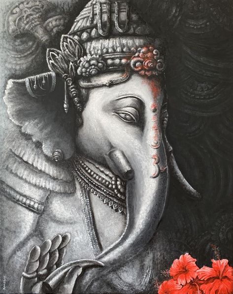 Acrylic on canvas Painting In Black And White, Blessed And Grateful, Ganesh Tattoo, Andrew Loomis, Folk Painting, Ganesha Painting, Special One, Lord Ganesha, Work It