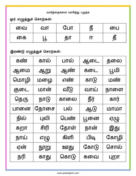 Tamil Worksheet - Words Reading Practice ADC Tamil Words For Grade 1, Tamil Two Letter Words, Tamil Reading Practice For Kids, Tamil Words For Kids, Tamil Worksheet, Tamil Words, One Letter Words, Reading Practice Worksheets, Two Letter Words