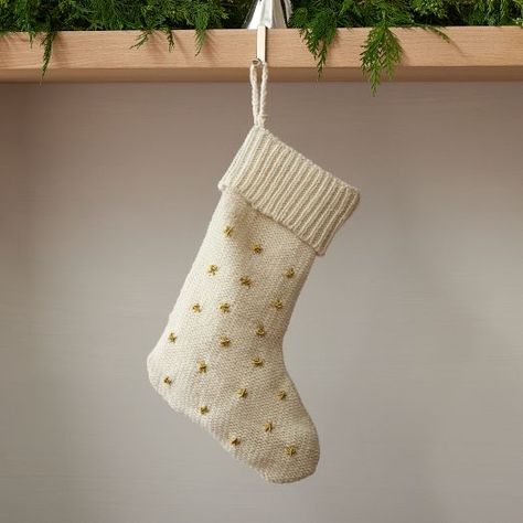 Knit Metallic Thread Starburst Christmas Stocking | West Elm West Elm Christmas, Modern Christmas Stocking, Reindeer Stocking Holder, Holiday Living Room, Knit Stocking, Christmas Knit, Elegant Christmas Decor, Neutral Christmas Decor, Modern Christmas Decor