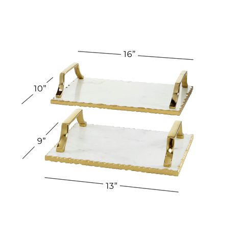 "Set of 2 Gold Ceramic Glam Tray Give organizing and decorating a hint of sparkle with these glam-themed trays as centerpiece or accent organizers on your tables. Whether in your kitchen, or on your coffee table, it's a great way to display and store your favorite things. A storage piece that is spacious for your trinkets or decorative goods on your mantle, coffee table or kitchen counter. This item comes shipped in one carton. Suitable for indoor use only. Made in India. Set of 2 marble and alu Aluminum Serving Trays, Marble Cake Stand, Light Marble, Cake Stand Set, Marble Tray, Ceramic Tray, Metal Vase, Gold Ceramic, Glam Decor