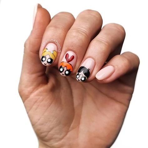 Powerpuff Girls Nail Art, Diy Drawings, Powder Puff Girls, Bad Nails, Nails Press, Nail Art Disney, Puff Girl, Disney Nails, Nail Designs Glitter