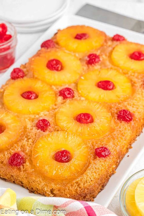 Pineapple Upside Down Cake - Eating on a Dime Best Upside Down Pineapple Cake, Pineapple Upside Down Cake Recipe 9x13, Easy Upside Down Pineapple Cake, Homemade Pineapple Upside Down Cake, Easy Pineapple Upside Down Cake, Upside Down Pineapple Cake, Pineapple Upside Down Cake Recipe, Pineapple Angel Food, Upside Down Pineapple