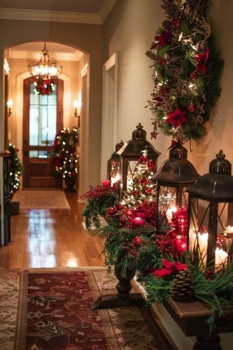 Christmas Landing Decor, Xmas Entryway Decor, Holiday Entryway Table Decor, Christmas Decor Hallway Entryway, Foyer Ideas Entryway Christmas, Christmas Party Photo Booth Ideas, Foyer Table Christmas Decorating Ideas, Christmas Decor For Entryway, Christmas Hallway Table