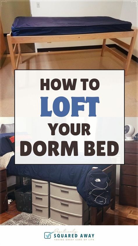 Learn how to fully loft your dorm bed. Perfect for college freshman moving into a dorm room. Get detailed instructions for how to loft a dorm bed and maximize your underbed storage. Dorm Room Arrangements, Boys Loft Beds, Tacky Decor, Dorm Room Setup, Lofted Dorm Beds, Guy Dorm Rooms, Dorm Closet, Boys Dorm Room, Dorm Room Furniture