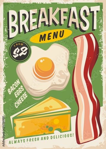 Stock Image: Breakfast menu promo ad design with egg, bacon and cheese. Retro poster for fast food restaurant. Vector food flyer. Menu Wall, Vintage Food Posters, Eggs And Cheese, Sejarah Kuno, Bacon Egg And Cheese, Wallpaper Retro, American Diner, Vintage Poster Design, Vector Food