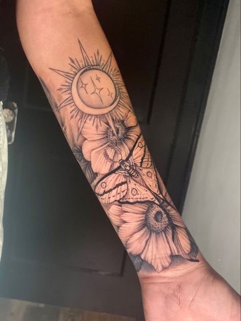 Moth Sleeve Tattoo Design, Sun Flower Sleeve Tattoo, Lunar Moth Sleeve Tattoo, Moth And Sun Tattoo, Sun And Moth Tattoo, Sun And Moon Sleeve Tattoos For Women, Sun Moon Half Sleeve Tattoo, Sun And Moon Forearm Tattoo Women, Sun And Moon Tattoo Flowers