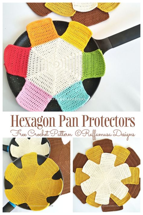 Crochet Pot Separators, Pot Protectors Patterns, Crochet Pot Protectors, Crochet Pan Protectors Free Pattern, Pot Holder Ideas, Pot Protectors, Hexagon Crochet Pattern, Pan Protectors, Crochet Potholder