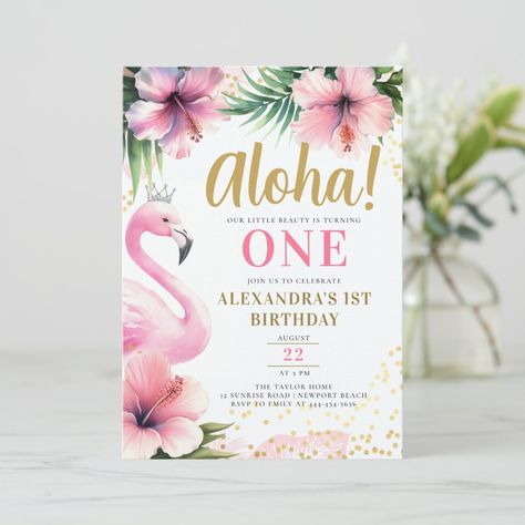 Pink Flamingo Tropical Gold Aloha 1st Birthday Invitation Baby Birthday Invitations, Flamingo Tropical, 1st Birthday Invitation, Kids Birthday Party Invitations, 1st Birthday Invitations, Pink Flamingo, Pink Flamingos, Baby Birthday, Birthday Party Invitations