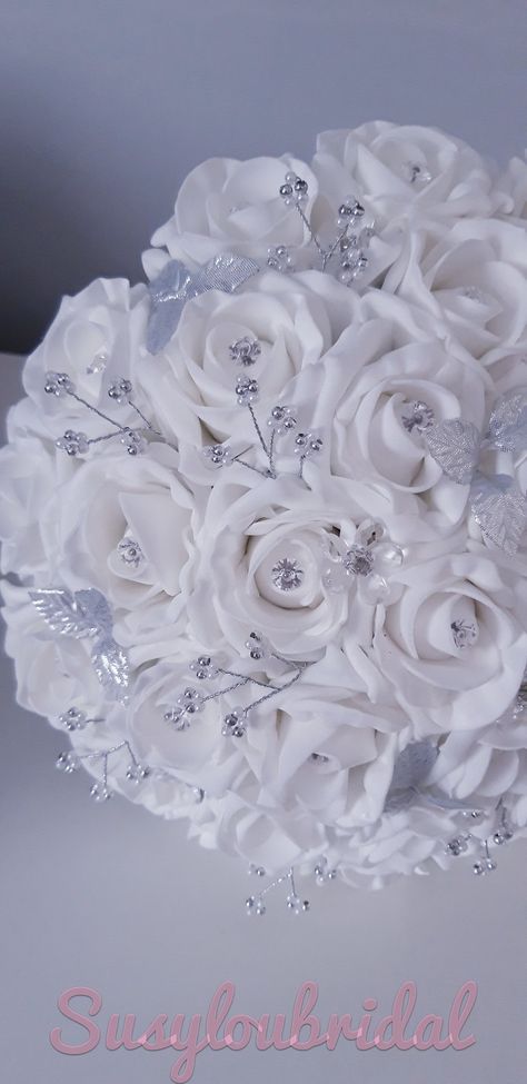 White And Silver Wedding Bouquets, White And Silver Bouquet, Pearl Brooch Bouquet, White Rose Wedding, White Rose Wedding Bouquet, Samantha Wedding, White Roses Wedding, Flower Gift Ideas, Rose Wedding Bouquet