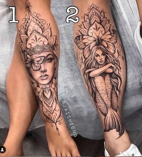 Shin Tattoo, Full Leg Tattoos, Hip Thigh Tattoos, Hip Tattoos Women, Tattoos For Black Skin, Leg Tattoos Women, Tatuaje A Color, Leg Sleeve Tattoo, Mermaid Tattoo