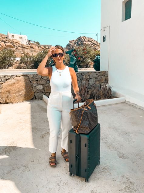 All Zara with Birkenstocks, Prada sunglasses, Louis Vuitton Neverfull and Antler Suitcase Mules Outfits, Sunglasses Louis Vuitton, Light Outfits, 2022 Style, Lit Outfits, Prada Sunglasses, Vuitton Neverfull, Beach Look, Airport Outfit