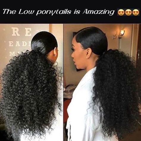 Bestblackhair on Instagram: “What's your thought on low ponytail hair look？🙋🏽🙋🏽🙋🏽 . . . . . . . #naturalhaircommunity #naturalhair #ubestblackhair #healthy_hair_journey…” Curly Pony Wedding Hair, Curly Hair Ponytail Styles Wedding, Summer Evening Party Outfit, Middle Part Low Curly Ponytail, Black Hairstyles Curly Hair, Big Ponytail Hairstyles Black Women, Long Curly Ponytail Black Women, Black Hair Wigs, Weave Ponytail Hairstyles