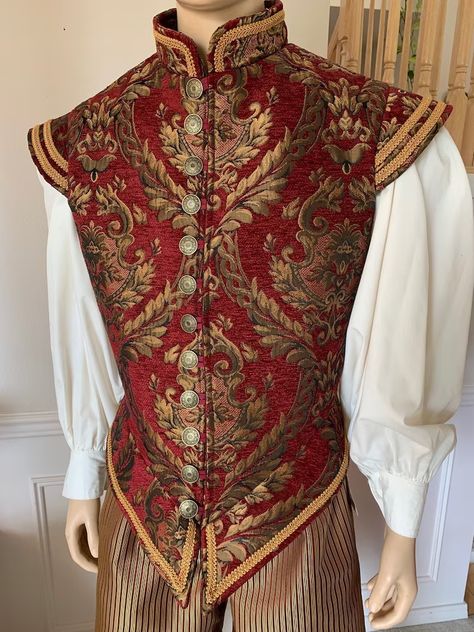 Elizabethan Costume, Costume Pirate, Gold Brocade, Red Vest, Vest Coat, Fantasy Clothing, Fantasy Fashion, Character Outfits, Red And Gold