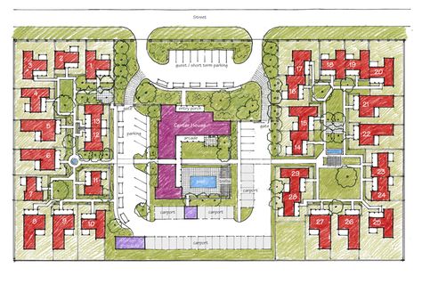 Luna Azul | Ross Chapin Architects - note some attached units Small House Communities, Cabin Plans Small, Ross Chapin, House Plans Cabin, Site Development Plan, Site Plan Design, Pocket Neighborhood, Cluster House, Sell House