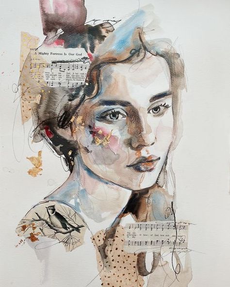 Portrait Art Techniques, Watercolour Portrait Artists, Watercolour Collage Mixed Media, Mixed Media Art Portrait, Mix Media Portrait, Art Inspo People, Watercolour Mixed Media, Self Portrait Ideas Art, Abstract Self Portrait Ideas