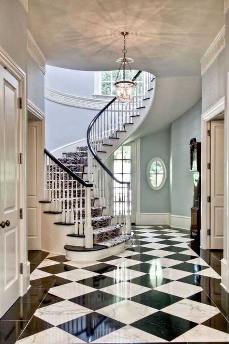 Checkered Flooring, Harrison Design, Foyer Decorating, Black And White Marble, White Floors, Grand Staircase, Spiral Staircase, House Decoration, Staircase Design