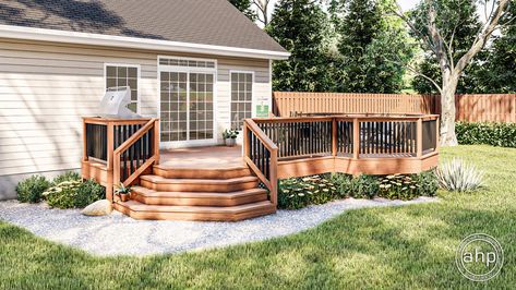 Deck Plan | Recon Multi Level Front Porch, Rounded Deck Stairs, Two Tier Deck With Above Ground Pool, Cascading Deck Stairs, Porch Addition Before And After, Wrap Around Decks And Porches, Wrap Around Pool Deck, Corner Stairs On Deck, Small Deck Ideas With Stairs