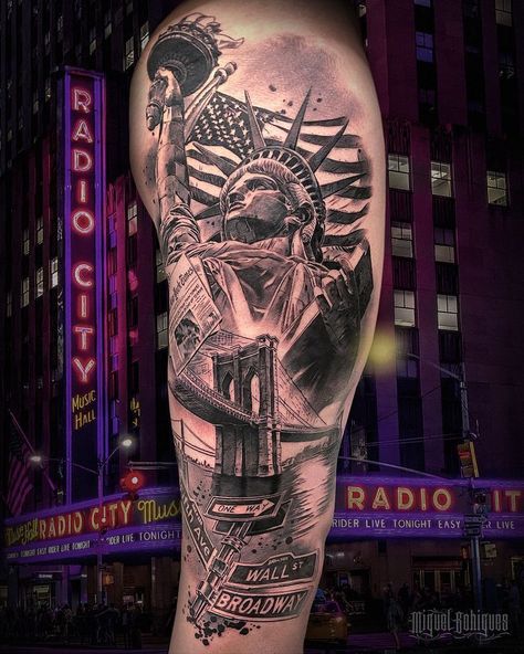 New York Leg Tattoo, Usa Sleeve Tattoo, New York Tattoo Ideas For Men, New York City Tattoo Ideas, Tattoo Ideas New York, Brooklyn Tattoo Ideas, Usa Tattoo Ideas, New York Tattoo Ideas, Nyc Tattoo Ideas