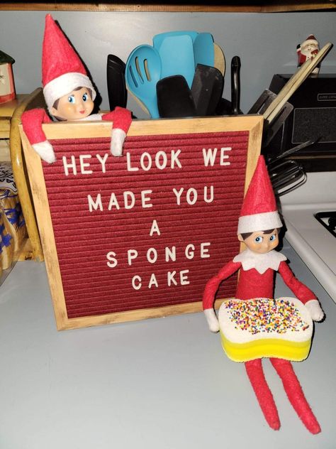 Elf on the shelf sponge cake Elf On The Shelf Sponge Cake, Elf On The Shelf Cake, Elf On The Shelf Baking, Awesome Elf On The Shelf Ideas, Xmas Elf, Elf Antics, Elf Fun, Doughnut Cake, Elf Ideas