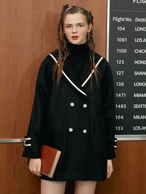 Black Preppy  Long Sleeve Polyester Striped Regular  Slight Stretch Fall/Winter Women Outerwear Sailor Coat, Black Preppy, Clothes Reference, Making Clothes, Wardrobe Goals, Women Outerwear, Sweet Stories, Women Overcoat, Collar Coat