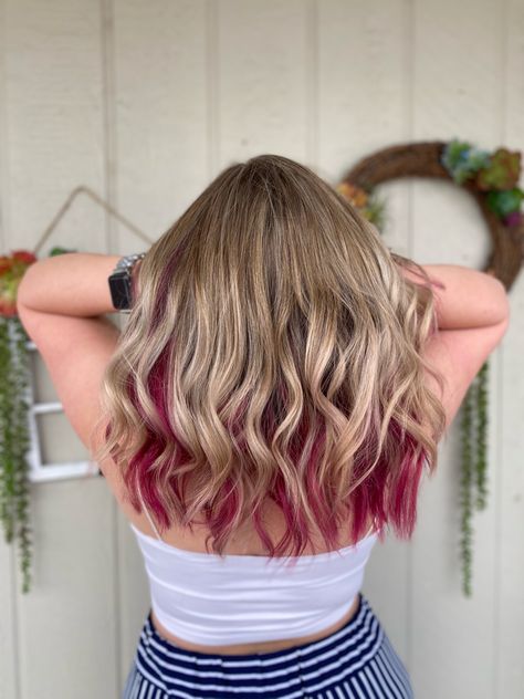 Ash Blonde Hair With Fun Color, Hair Tip Color Ideas, Blonde Hair With Maroon Underneath, Colorful Hair Underneath Blonde, Blonde Hair Underneath Color, Blond With Color Underneath, Hair Color Simple, Blonde Highlights With Pink Underneath, Color Underneath Blonde Hair