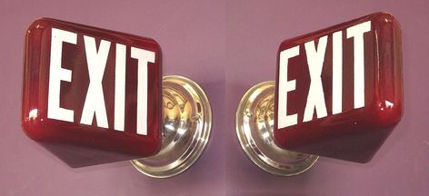 *vintage exit signs on nickel fitter | Ruby red exit sign wi… | Flickr Exit Sign, Ruby Red, Ruby, Mid Century, Signs, 10 Things, Red, White, Quick Saves