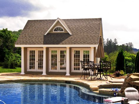 Outdoor Pool Houses | Prefabricated Pool House | NY & CT Homestead Structures, Outdoor Pool House, Small Pool House, Vinyl Siding House, Backyard Pool House, Prefab Pool House, Pool House Bathroom, Pool House Shed, Backyard Plans