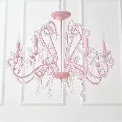 Candle Restaurant Hanging Light with Crystal Bead Metal Modern Chandelier in Pink Finish Bedroom Candles, Elegant Pendant Lighting, Pink Chandelier, Modern Hanging Lights, Princess Room, Candle Chandelier, Geometric Chandelier, Chandelier Bedroom, Metal Chandelier