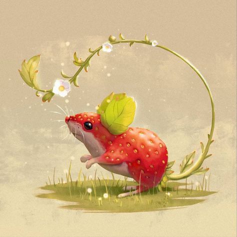 Veggie Animals, Strawberry Mouse, Creaturi Mitice, Mythical Animal, Cute Fantasy Creatures, Fantasy Creatures Art, Mythical Creatures Art, Creature Concept Art, Cute Little Drawings