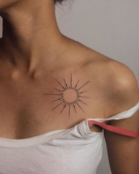 #tattoo #tattooideas #tattooart #tattoosforwomen #minimalist #suntattoos #tattooartist #besttattooartists #indianartist Indian Sun Tattoo, Collar Bone Sun Tattoo, Sun Collar Bone Tattoo, Sun Tattoo On Chest, Watercolor Sun Tattoo, Sun Tattoo Chest, Abstract Sun Tattoo, Sun Chest Tattoo, Shoulder Sun Tattoo